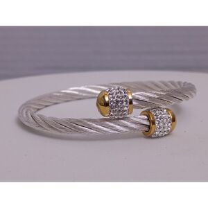 Marsala Signed Stainless Cable Rope and Rhinestone Barrel Accents Cuff Bracelet